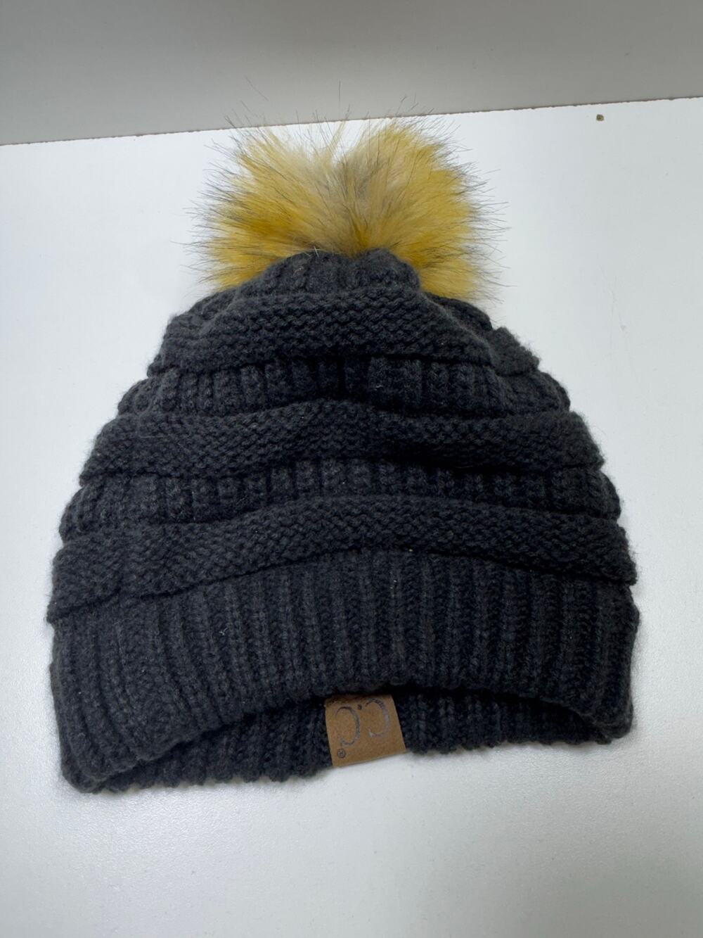 C.C. Women’s Cable Knit Beanie Cap Black With Brown Pom Pom Fall Winter One Size